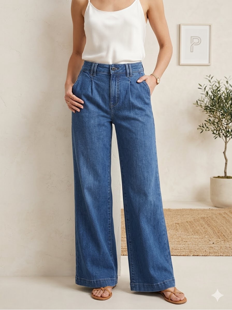 Paige Harper Flutter Wide Leg Jeans Size 27 High Rise Pleated Blue Denim Trouser